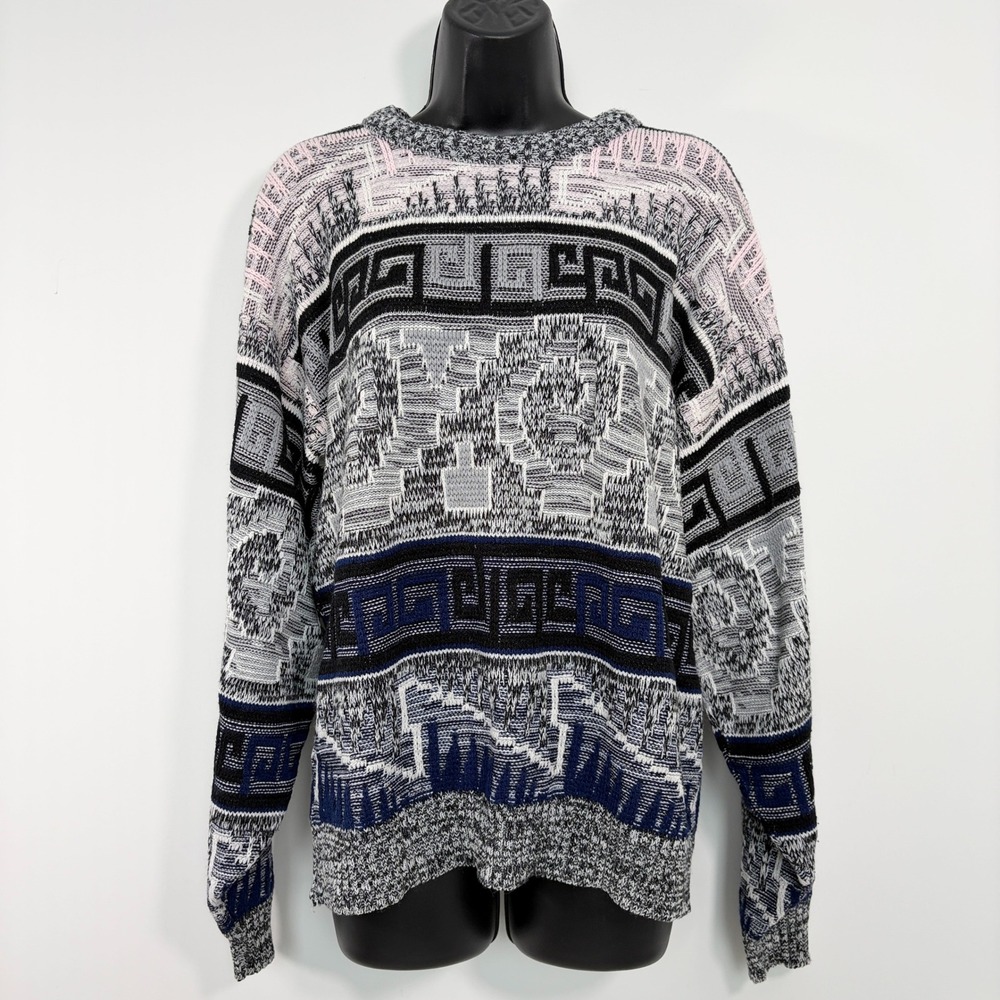 Knit Sweater Geometric Greek Key VTG Abstract Tall LT Grey Pink